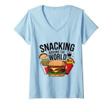 Womens Snacking Around the World Fun Foodie Travel Fast Food Lover V-Neck T-Shirt