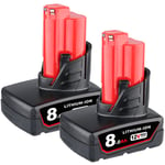 Pdstation - 2 Pack 12V 8.0Ah Remplacement pour Milwaukee M12 Batterie xc 48-11-2410 48-11-2420 M12B6 48-11-2411 48-11-2401 48-11-2402 Outils sans fil