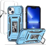 Antichoc Coque Para Iphone 13 6.1',Tpu+Pc Housse Protection De Qualité Militaire Avec Lentille Coulissante Couverture/2* Verre Trempé,Compatible Support De Voiture Magnétique-Bleu