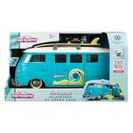 Jada 212055010 Volkswagen T1 31 cm Conteneur de 9 Voitures échelle 1:64 (7,5 cm) avec lumière, Planche de Surf et Autocollants, Toit et Compartiment Amovible