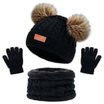 Bonnet Enfant Hiver Tricoté Tour de Cou Chaud Enfant Gants Hiver Ensemble Set de 3 Pièces Enfant Ensemble Chapeau Hiver Bonnet Écharpe Gant Tricot Doublure Épaisse pour Fille Garçon(3-5 ans) (Noir)