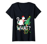 Womens Cat What Xmas Lighting Santa Hat Cat Pushing Christmas Tree V-Neck T-Shirt