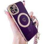 HZLFCZL Coque pour iPhone 13 avec La chaîne Coque,Compatible avec MagSafe,Protection de lentille de caméra,Luxe en Forme de cœur avec Chaine Soft TPU Case for iPhone 13-Violet Foncé