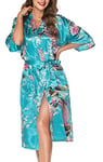 Lovasy Peignoir Satin Femme Robes de Chambre et Kimonos de Mariée Robes de Chambre Soie Court Kimono Col V avec Ceinture,Lac Bleu,L