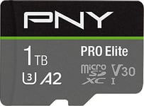 PNY PRO Elite 1TB microSDXC Memory Card + SD Adaptor with A2 App Performance + 100MB/s Read Speed, Class 10 UHS-I, U3, V30 for 4K Video