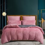 Housse de Couette Hiver 220x240 Chaude Flanelle Toucher Cashmere Polaire Parure de Lit en Velours Rose Grise Doux avec Fermeture Éclair, Linge de Lit 2 Personnes avec 2 Taies d'oreiller 65x65 cm