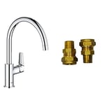 GROHE BauEdge & UK Adaptors – 1 Lever Kitchen Mixer Tap (Monobloc Installation, High Spout, Swivel Area 360˚, 28 mm Ceramic Cartridge, Tails 3/8 inch), Easy Installation, Size 332 mm, Chrome, 31367001