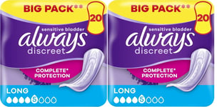 Always Discreet Incontinence Pads Women, Long, 40 High Absorbency Pads 20 x 2