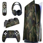 playvital Army Green Camouflage Full Set Skin Decal for ps5 Console Disc Edition,Sticker Vinyl Decal Cover for ps5 Controller & Charging Station & Headset & Media Remote