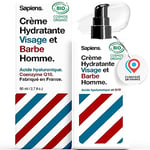 Sapiens Barbershop Crème Hydratante Visage Barbe Homme Bio 80ml - 2en1 Crème Visage & Soin Barbe Homme - Acide hyaluronique et Q10 - Soin Visage Anti Ride, Anti Cerne - Tous types de peaux