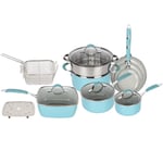 Blue and Dove Grey Induction 14 Pcs Cookware Set Non Stick Frying Pan Saucepan