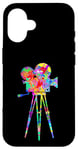 Coque pour iPhone 16 Caméra vidéo Arc-en-ciel Art Splatter Film Lover Design