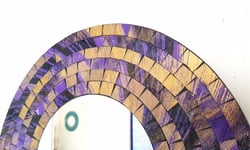 Round mosaic wall mirror, purple and gold brushed, hand made in Bali, 40cm-NEW