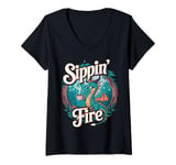 Womens Sippin’ Fire Cute Dragon Tea Lover V-Neck T-Shirt