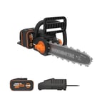 WORX NITRO - Tronçonneuse Brushless sans fil - 20V - 4Ah - WG350E (Livrée avec batterie et chargeur, coupe 30 cm, vitesse 10m/s, autolubrification et tension auto, capot de protection et chaine)