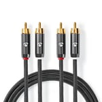 Nedis Stereo lydkabel | 2x RCA Han | 2x RCA Han | Gull belagt | 5.00 m | Rund | Grå / Gun Metal Grå | Deksel Vindusboks