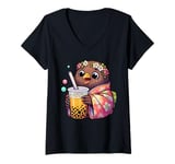 Womens Kiwi Bird Drinking Bubble Tea Japanese Kimono V-Neck T-Shirt