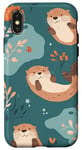 Coque pour iPhone X/XS Orange minimaliste floral mignon loutre de mer sur bleu sarcelle uni