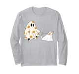 Funny Ghost Walking Dog Spooky Season Halloween Flower Kids Long Sleeve T-Shirt