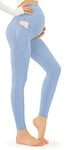 JOYSPELS Maternity Leggings Over The Belly with Pockets Non-See-Through Workout Pregnancy Leggings, Light Blue, S