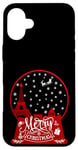 Coque pour iPhone 16 Plus Joyeux Noël Paris horizon dans la boule à neige scintille