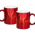 Set of 2 Christmas Mugs Red Metallic Coated with Gold 'Mr and Mrs'