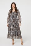 Izabel London Womens Beige Animal Print Semi Sheer Tiered Maxi Dress - Size 16 UK