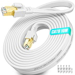 Cat 8 Cable Ethernet 10M, Haut Debit Câble Rj45 10M Plat Blindé Câble Réseau Blanc 40Gbps 2000Mhz Câble Internet 10 Mètres Gigabit Intérieur Câble Lan Pour Switch Routeur Ps5/4 Modem[X3998]