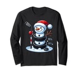 Cartoon Ice Hockey Puck Snowman with Santa Hat Christmas Long Sleeve T-Shirt