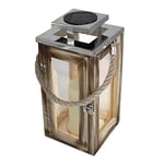 Lanterne solaire chic en bois naturel et inox effet bougie LED blanc chaud OAKY H28cm