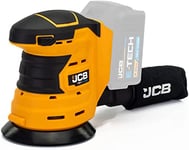 JCB 18V Cordless Orbital Sander, 4.0Ah Battery, Fast Charger, 125mm Diameter Sanding Pad, Hook and Loop Fastening, Rubber Grip Over Mould & Dust Collector, 20" Power Tool Kit Bag, 3 Year Warranty