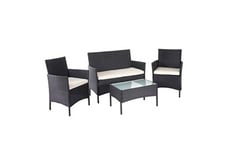 Décoshop26 Salon de jardin avec fauteuils banc et table en poly-rotin noir coussin crème mdj04145