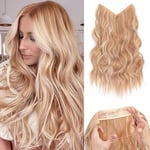 Benehair Invisible Wire Hair Extension 16 Inches Halo Hair Extension with 4 Secure Clips Synthetic Hair Piece Long Wavy Hairpieces for Women, with 1 Comb Dark Ash Blonde Mixed Bleach Blonde #18P613