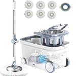 Spin Mop Bucket System Stainless Steel Deluxe 360 Spinning Mop Bucket Floor Cleaning System with 6 Microfiber Replacement Head Refills,62" Extended Handle,4X Wheel for Home Cleaning