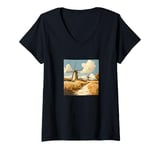 Womens Wheat Fields With Windmills Landscape Vintage Graphic V-Neck T-Shirt