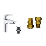 GROHE QUICKFIX Start & UK Adaptors - Deck Mounted Wash Basin Mixer Tap with Push-Open Pop-Up Waste Set (28 mm Ceramic Cartridge, Water-Saving Technology, Tails 3/8 Inch), Size 165mm, Chrome, 23550002