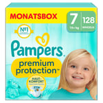 Pampers Protection Large Premium bleier , størrelse 7 Extra , 15 kg+, månedsboks (1x 128 bleier)