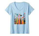 Womens Mid Century Modern Cats Garden Long Neck Cat Flowers V-Neck T-Shirt