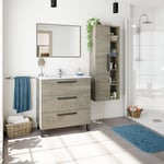 Caesaroo - Meuble de salle de bain sur le sol 80 cm Chêne avec 3 tiroirs et miroir Chêne clair - Avec lampe Led