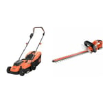 BLACK+DECKER Tondeuse - 18V - 33 cm - Jardin Jusqu'à 350 m² - Fonction Mulching - 5 Hauteurs de Coupe Ajustables - 35 L & Taille-Haies sans Fil 18V, Taille-Haies Electrique 45 cm avec Batterie 2 Ah