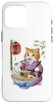 Coque pour iPhone 16 Pro Max Chat animé mignon en kimono mangeant des ramen Anime drôle