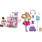 Barbie Pack Mobilier Dreamhouse Maison De Rêve (GRG93) + Mini-Poupée ​Chelsea Blonde Voyage, 3 Niveaux, 109 Cm, Lumières, Sons, 75 Accessoires, 1 Chien, Sac Voyage, Dès 3 Ans