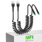 Coiled iPhone Car Charger Cord 2 Pack, Apple Carplay Compatible & MFi Certified, Short USB to Lightning Cable with Data Transmission and LED, Retractable iPhone Charger for iPhone/Pad/Pod