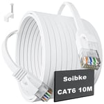 Cable Ethernet 10m, Cat 6 Haut Débit Cable RJ45 10m Exterieur Câble Internet Plat, 1000Mbps Câble Réseau RJ45 Blanc Câble Wifi Intérieur Cordon RJ45 Extra Long Fil Ethernet pour Routeur