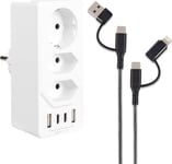 Prise Multiple, Multiprise Murale 3 Prises Et 2 Usb A,2 Usb C, Prise Usb Electrique 7 En 1, Prise Multiprise Usb Secteur Pour La Maison Le Bureau Les Voyages Compatible Avec Phone, Portable