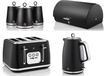 Swan Serenity Black Kettle Toaster Bread Bin & Canisters Matching Kitchen Set