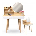 Coiffeuse - miroir rond - table de maquillage - 80x40x122 cm - bois - brun blanc