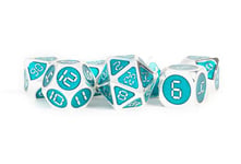 Metallic Dice: Digital Enamel Metal Dice Set, 16mm Silver with Teal Enamel