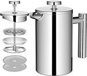 MaxMiuly 4 Cup Cafetiere Stainless Steel Double Wall French Press (Silver, 650ml)