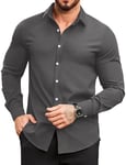 COOFANDY Chemise à manches longues boutonnée pour homme - Infroissable - Style décontracté - Coupe droite - Uni, gris foncé, 3XL